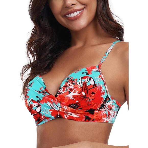 New NWT Ocean Blues Molded Twist Front Floral Push Up Bikini Top Women's Large - Picture 3 of 7